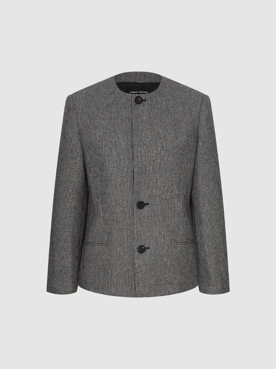 Tailored Checked Long Sleeve Wool Blend Jacket