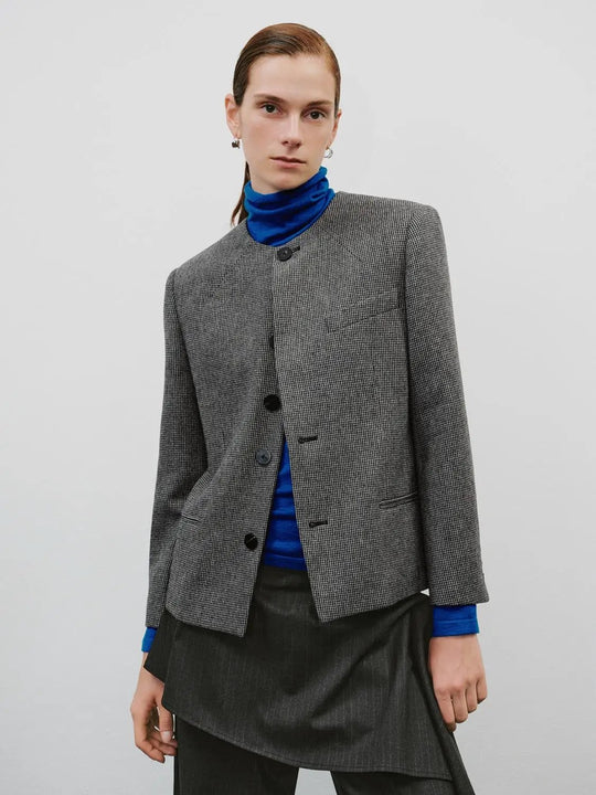 Tailored Checked Long Sleeve Wool Blend Jacket
