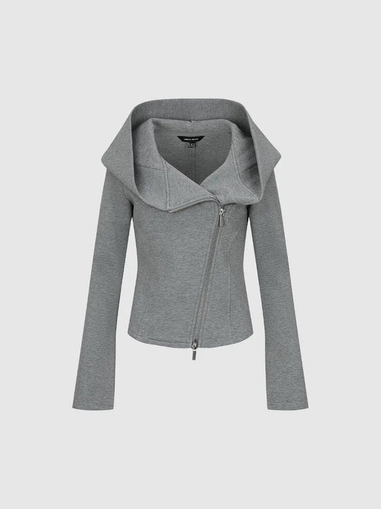 Fitted Asymmetric Zip Long Sleeve Cotton Blend Hooded Jacket
