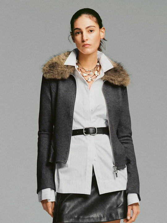 Chaqueta tipo sudadera de mezcla de modal y algodón, con cremallera frontal, cuello de pelo sintético y manga larga