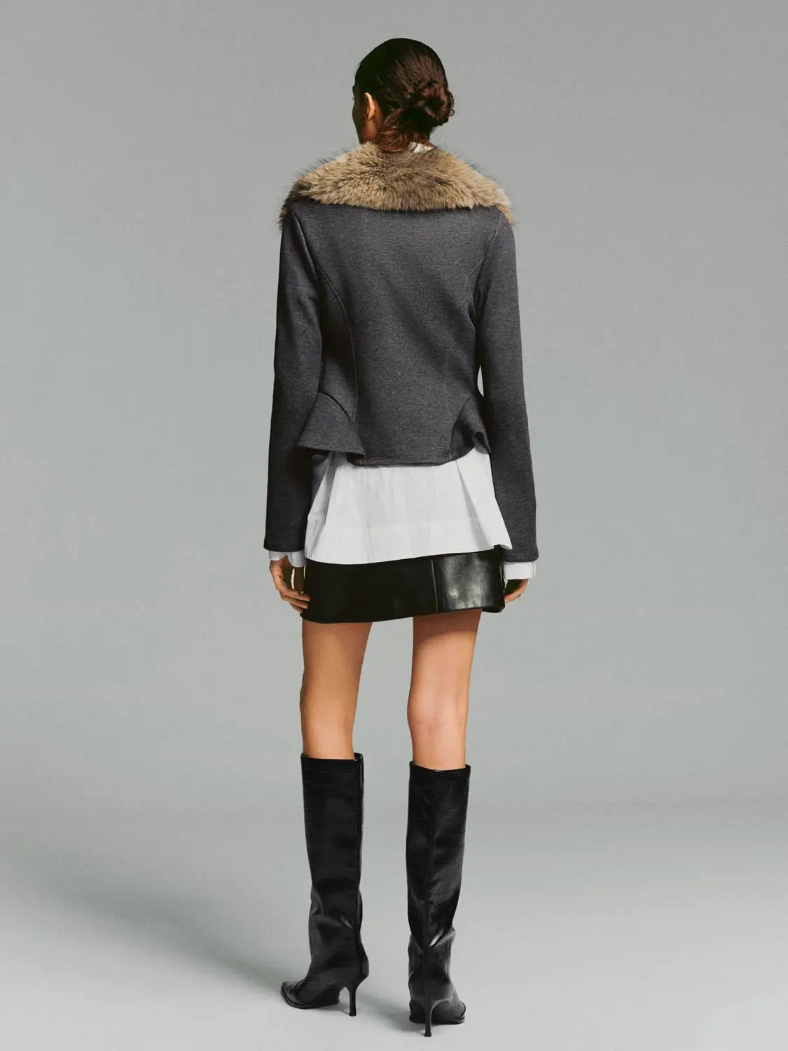 Hoodie jacket by Urban Revivo Fashion with tan fur collar, charcoal gray, back view