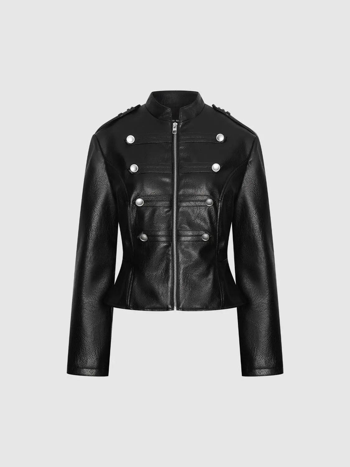 Leather jacket, black by Urban Revivo Fashion; double-breasted with silver metal buttons and front zipper
