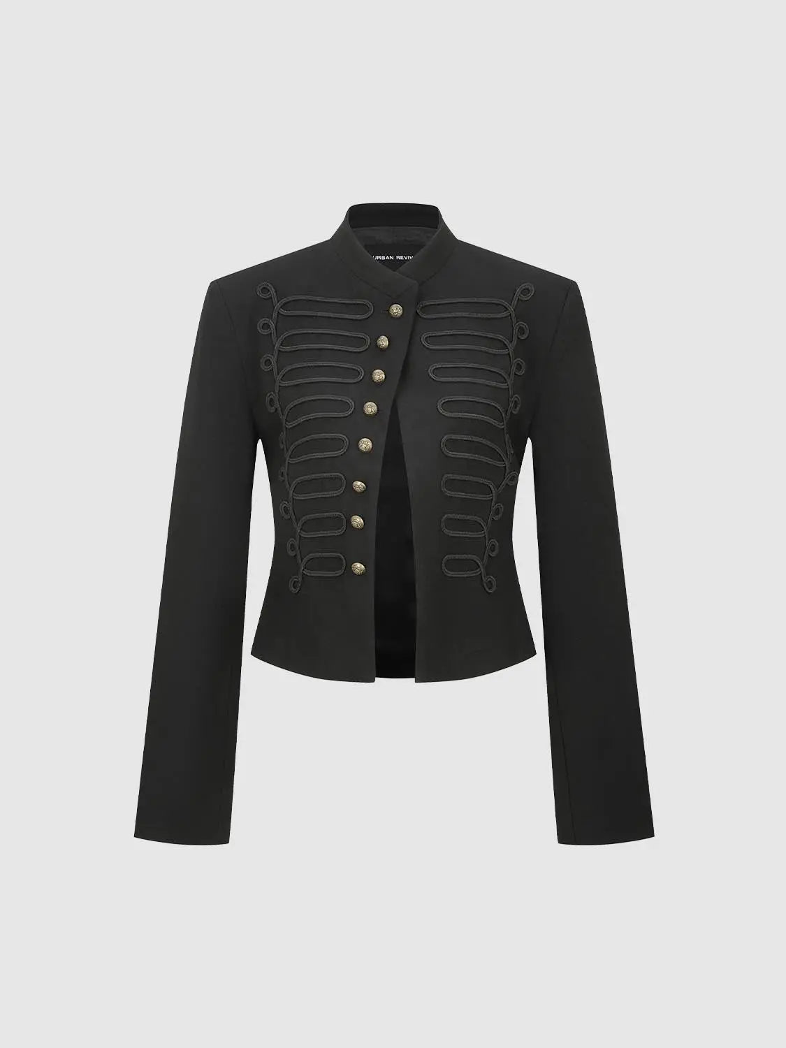 Jacket, black military-inspired design with gold-tone buttons and decorative braided loops, Urban Revivo Fashion