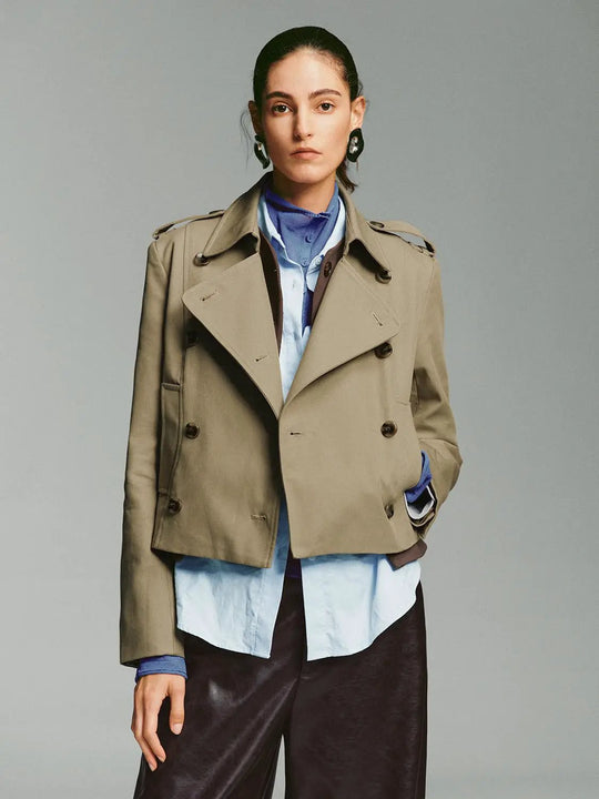 Short Double-Breasted Long Sleeve Belted Cotton Trench Coat