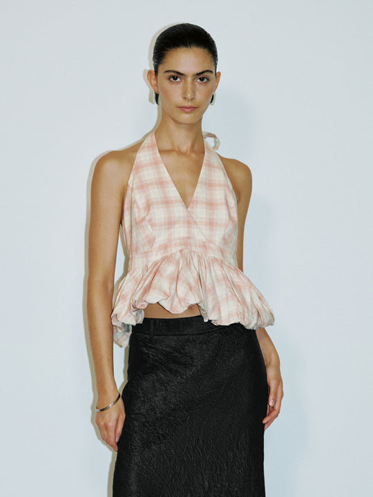 Haut caraco à col licou avec ourlet à volants