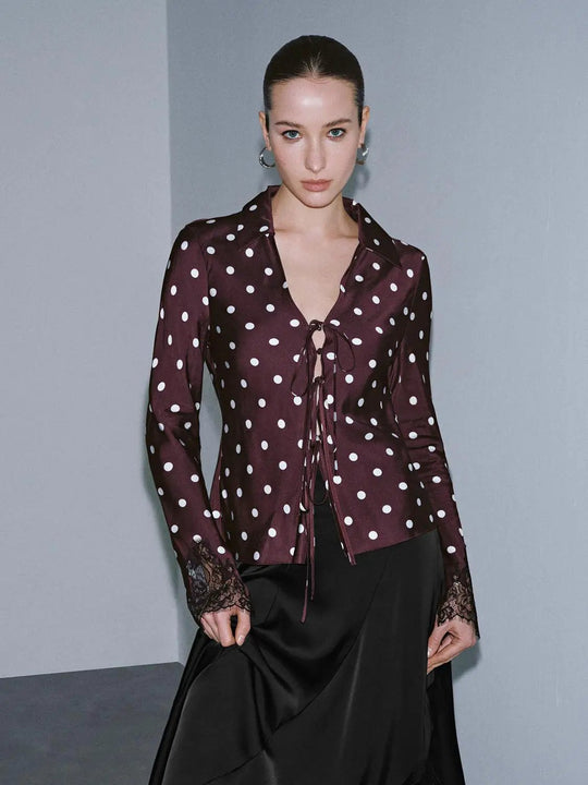 Polka Dotted Lace Trim V-Neck Laced-Up Shirts