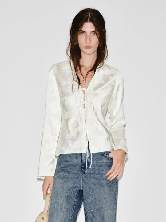 Intarsia V-Neck Laced-Up Shirts