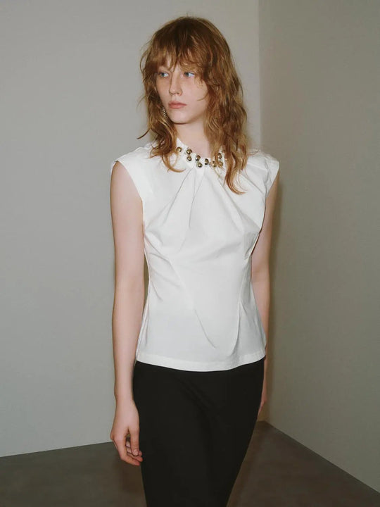 Pleated Sleeveless Overhead Metal Detail Shirts