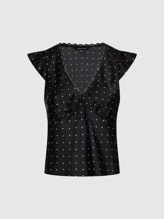 Spitzenbesetzte ärmellose V-Ausschnitt-Blusen mit Polka-Dots