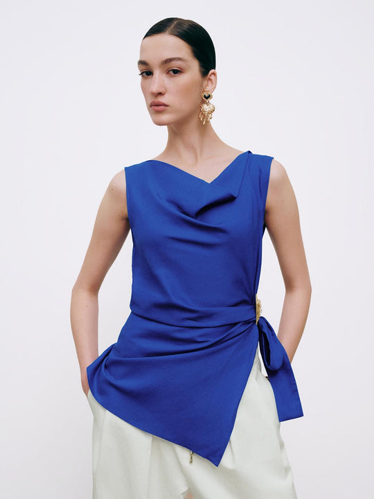 Linen Blend Cowl Neck Knot Front Sleeveless Overhead Shirt