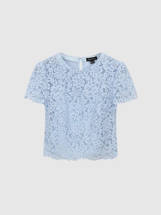 Elegant Light Blue Lace Short Sleeve Overhead Shirts