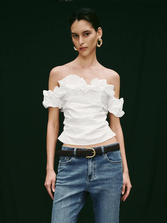 Ruffle Trim Embroidered Boat Neck Cotton Shirts