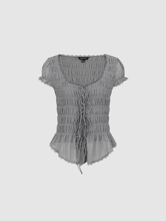 Lace-Up Shirred Ruffle Hem Short Sleeve Overhead Shirts