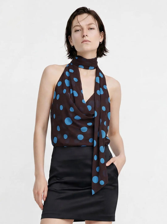 Silk Satin Scarf Detail Cowl Neck Sleeveless Cami Tops
