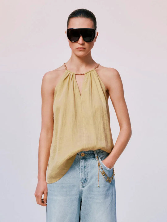 Lyocell Polyamide Blend Gathered Neckline Halter Cami Tops