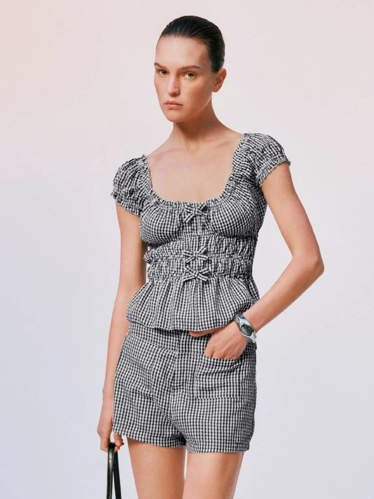 Gingham Polyester Shirred Peplum Ruffle Cap Sleeve Overhead Shirts