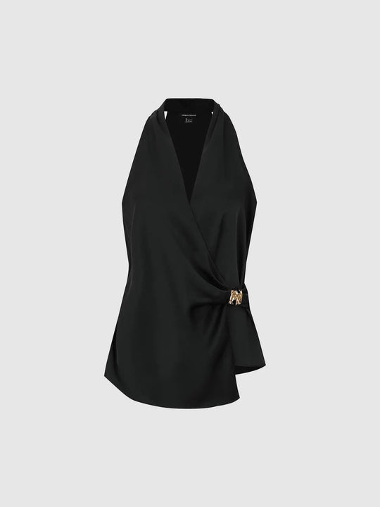 Gold Button Ruched V-Neck Sleeveless Overhead Shirts