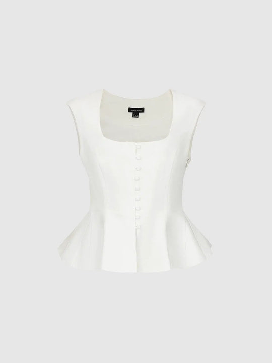 Peplum Button-front Linen Cotton Blend Tank Top