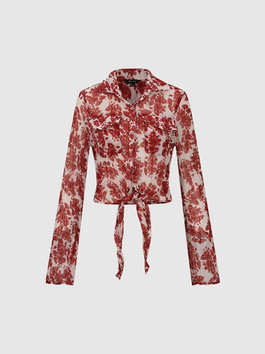 Floral Print Cropped Tie Front Long Sleeve Shirt