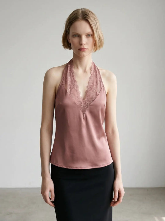 Nylon Lace Trim Halter V-Neck Soft Cami Tops