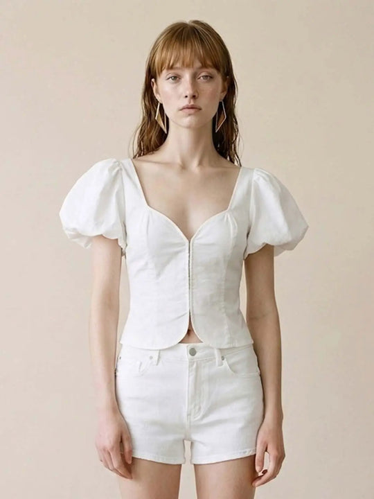 Delicate Puff Sleeve Front Zip Cropped Top