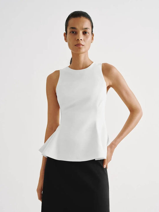 Peplum Hem Sleeveless White Medium Stretch Blouse
