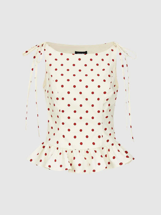 Polka Dot Shoulder Tie Ruffle Hem Lightweight Shirt