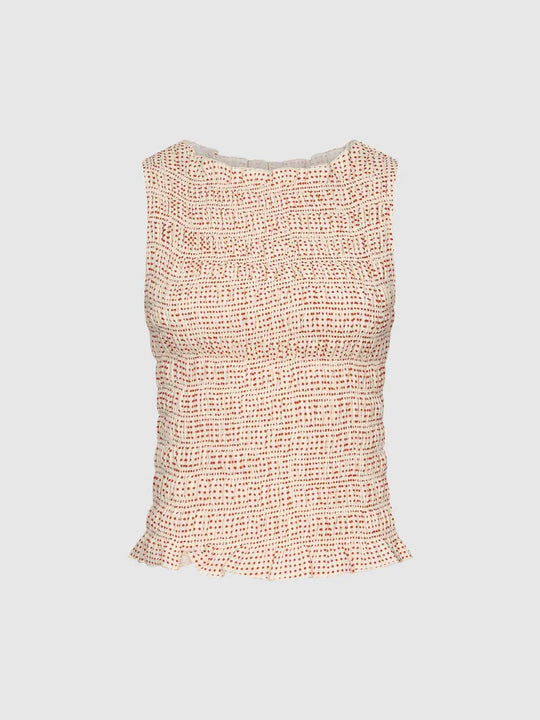 Smocked Polka Dot Sleeveless Ruffle Tank Top