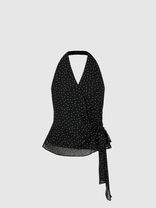 Polka Dot Knot-Wrap With Side Tie, Lightweight Sheer Layering and Subtle Draping Top