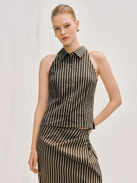 Sleeveless Striped Button-down Lyocell Cotton Blend Shirt