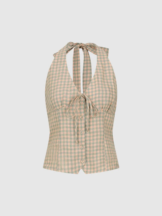 Gingham Halter Button-down Linen Tank Top