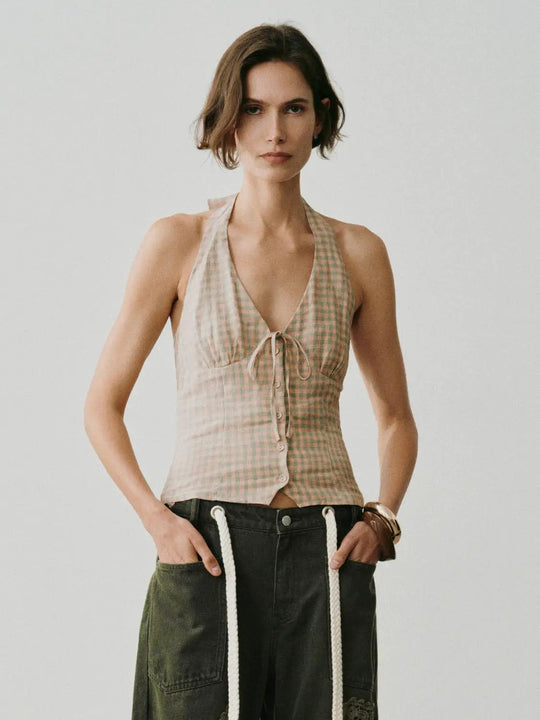 Gingham Halter Button-down Linen Tank Top