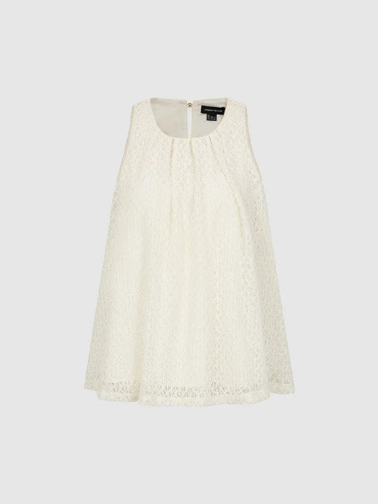 Cream Lace Overlay Scalloped Hem Sleeveless Blouse