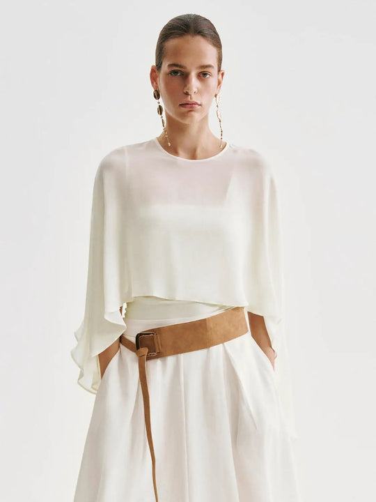 Cropped Sheer Overlay Wide Sleeve Detailing Blouse