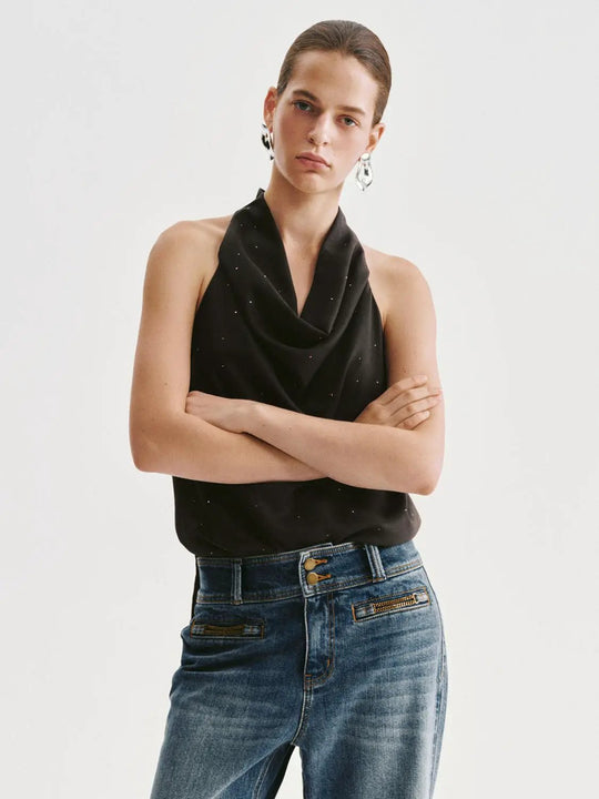 Draped Cowl Neck Sleeveless Subtle Shine Blouse