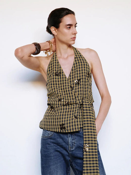 Ärmelloses kariertes Wickelshirt mit Blumenmuster und Neckholder