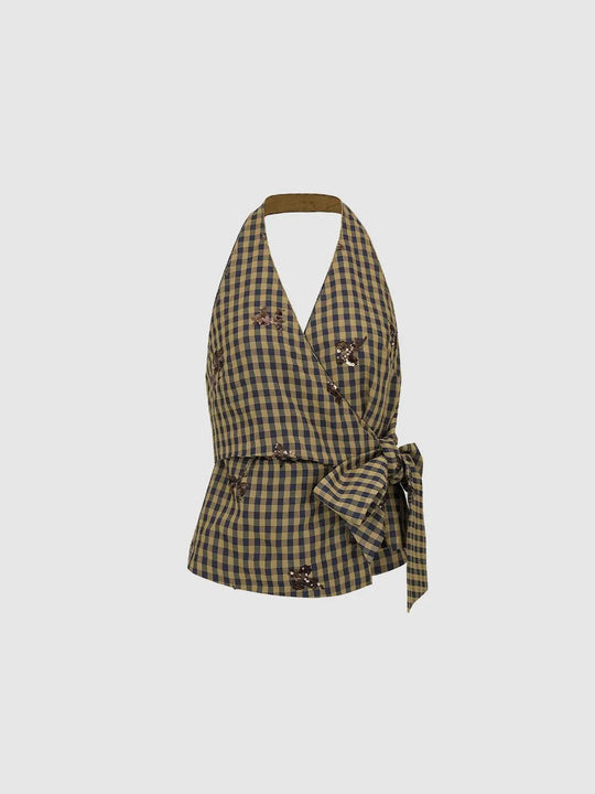 Ärmelloses kariertes Wickelshirt mit Blumenmuster und Neckholder