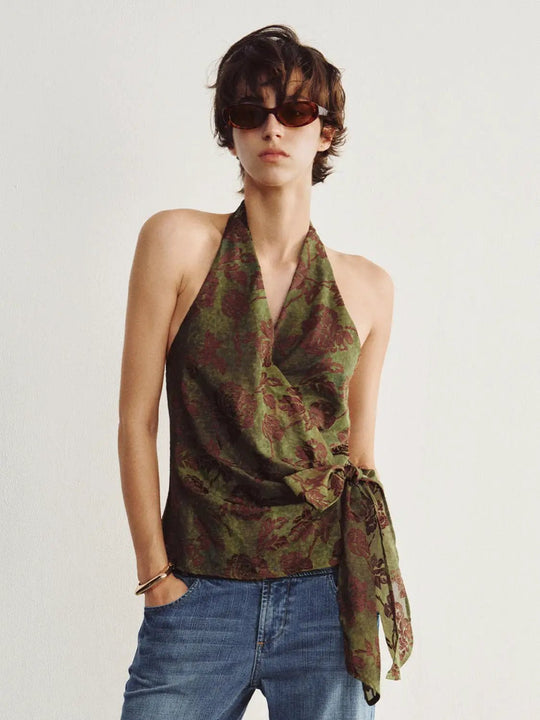 Checked Asymmetric Hem Mock Neck Sleeveless Blouse