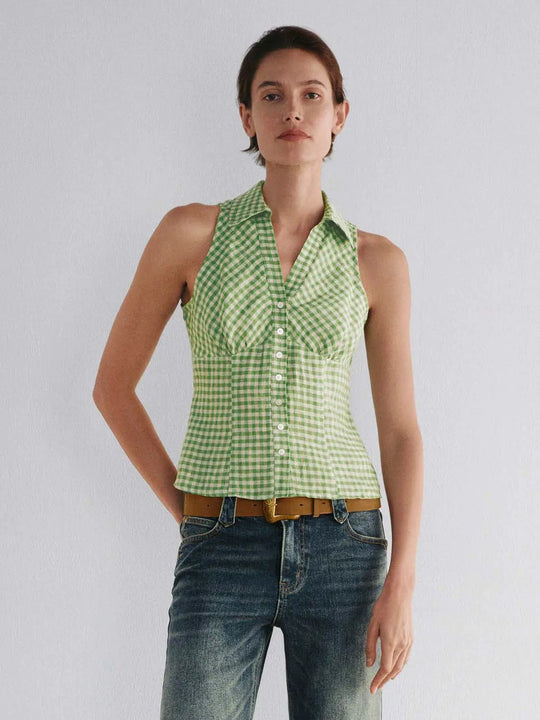Button Front Checked Sleeveless Linen Shirt