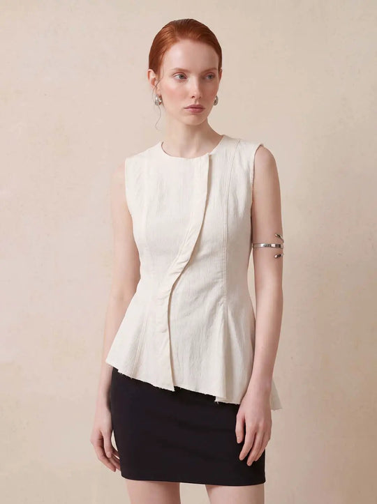 Sleeveless Cotton Open Front Raw Hem Shirt