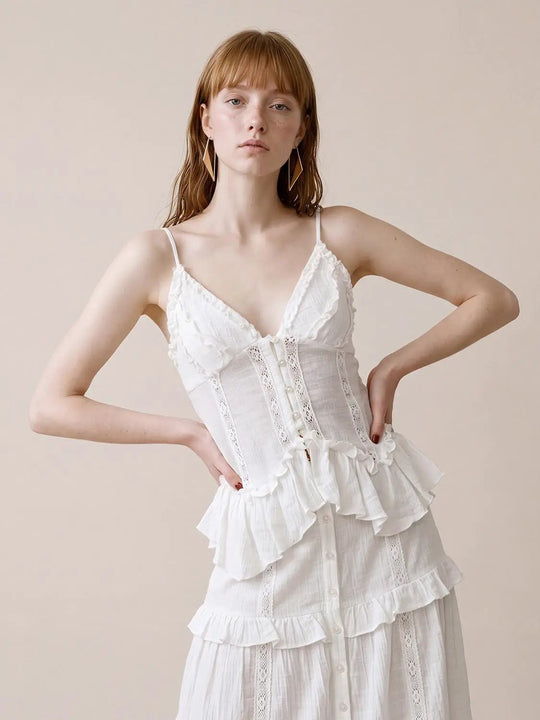 Ruffled Lace V-Neck Button Front Sleeveless Cami Top