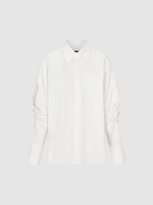 Ruched Shirt Collar Long Sleeve Cotton Blend Shirt