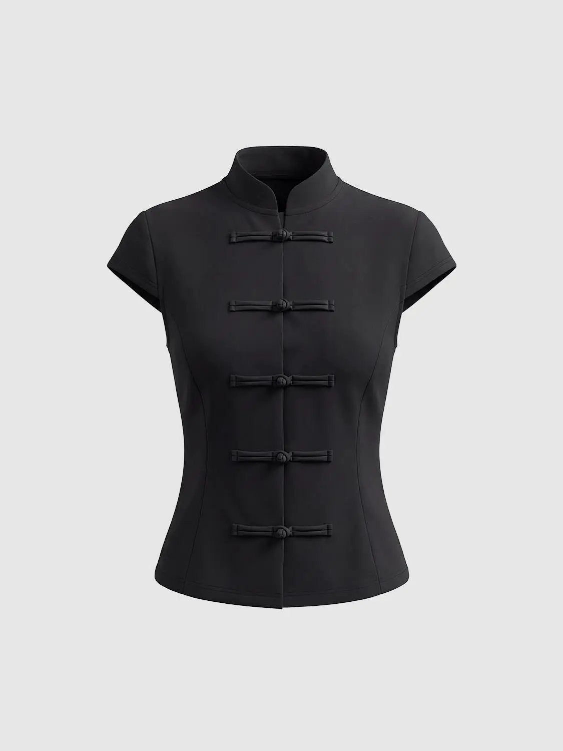 Frog Button Mandarin Collar Fitted Sleeveless Cardigan, black, Urban Revivo Fashion