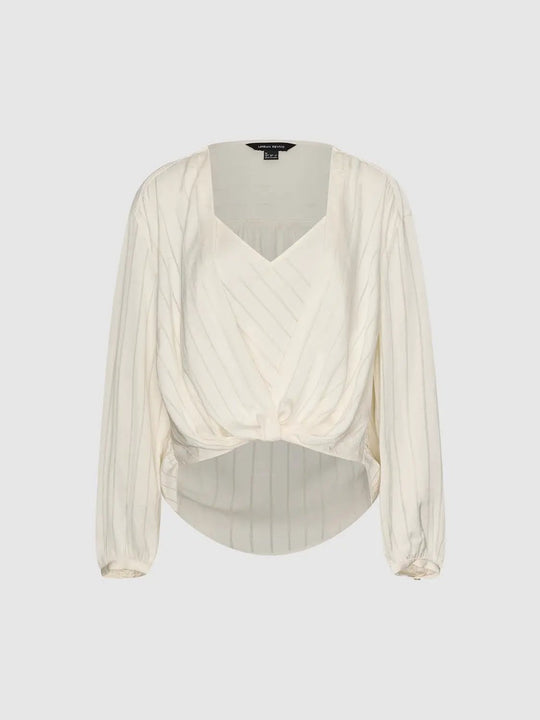 Ribbed Wrap V-neck Long Sleeve Twisted Waist Blouse