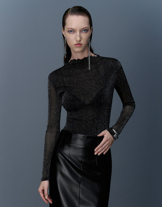 Durchsichtiger Stehkragen Skinny T-Shirt