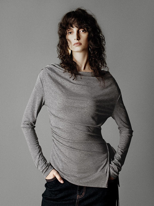 Asymmetric Ruched Long Sleeve T-Shirts