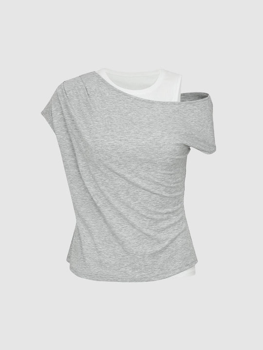2 In 1 Contrast Asymmetric Draped T-Shirts