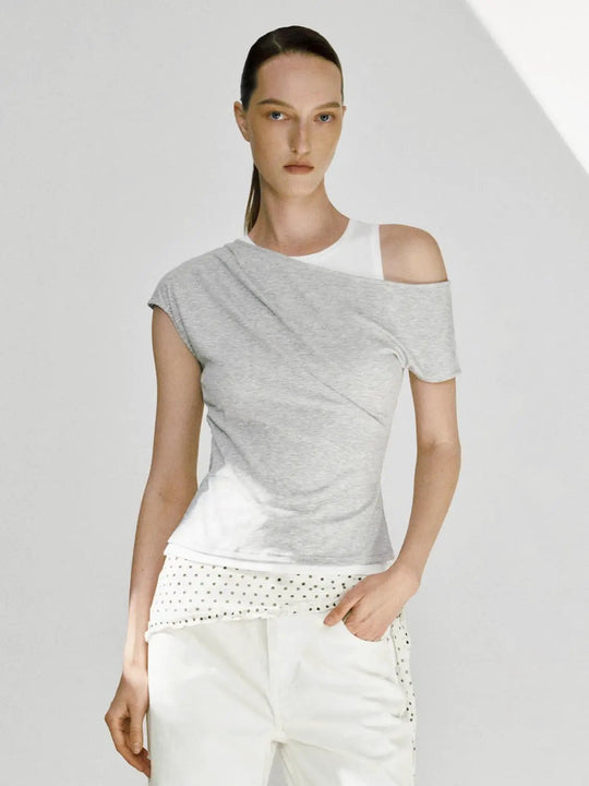 Viscose Blend 2 In 1 Contrast Asymmetric Draped T Shirt