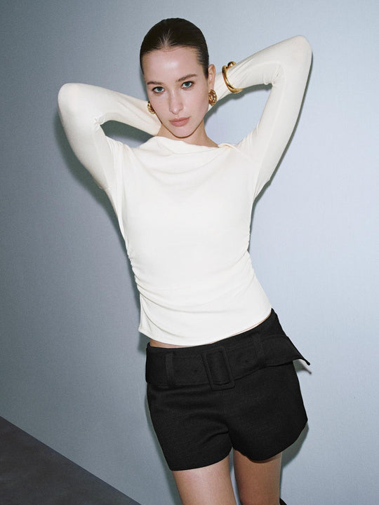 Asymmetric Neck Ruched Long Sleeve T-Shirts