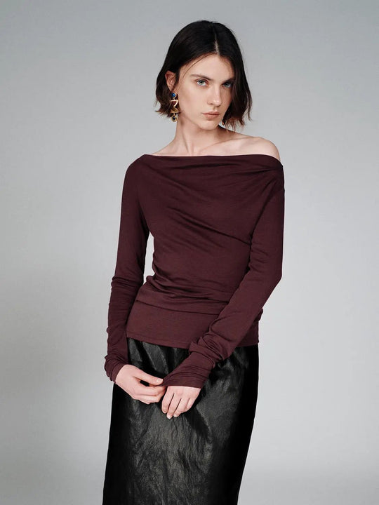 Lyocell Wool Blend One Shoulder Ruched Long Sleeve Top